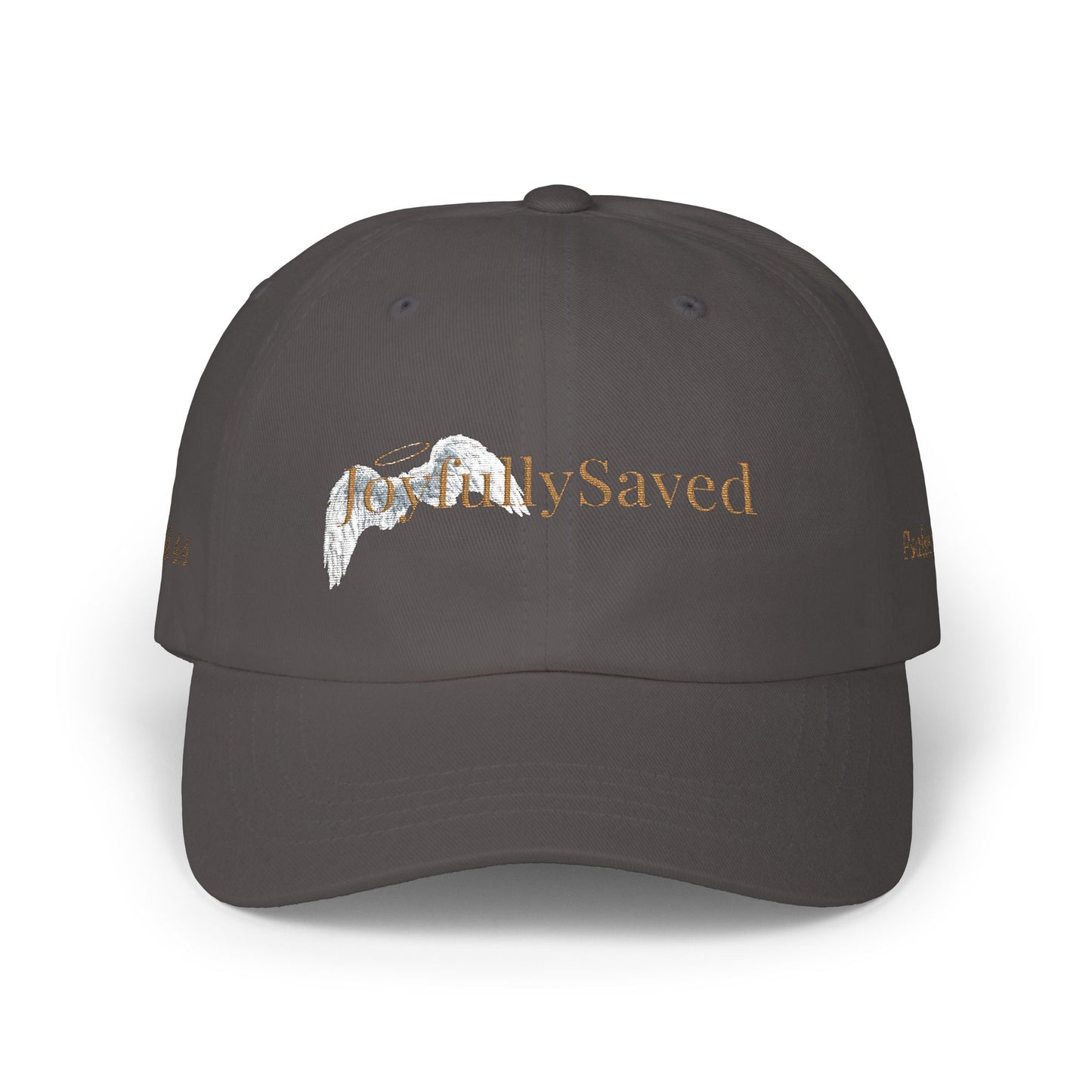 Joyfully Saved "dad" Cap, Logo with verses — Embroidered Hat, Gold text