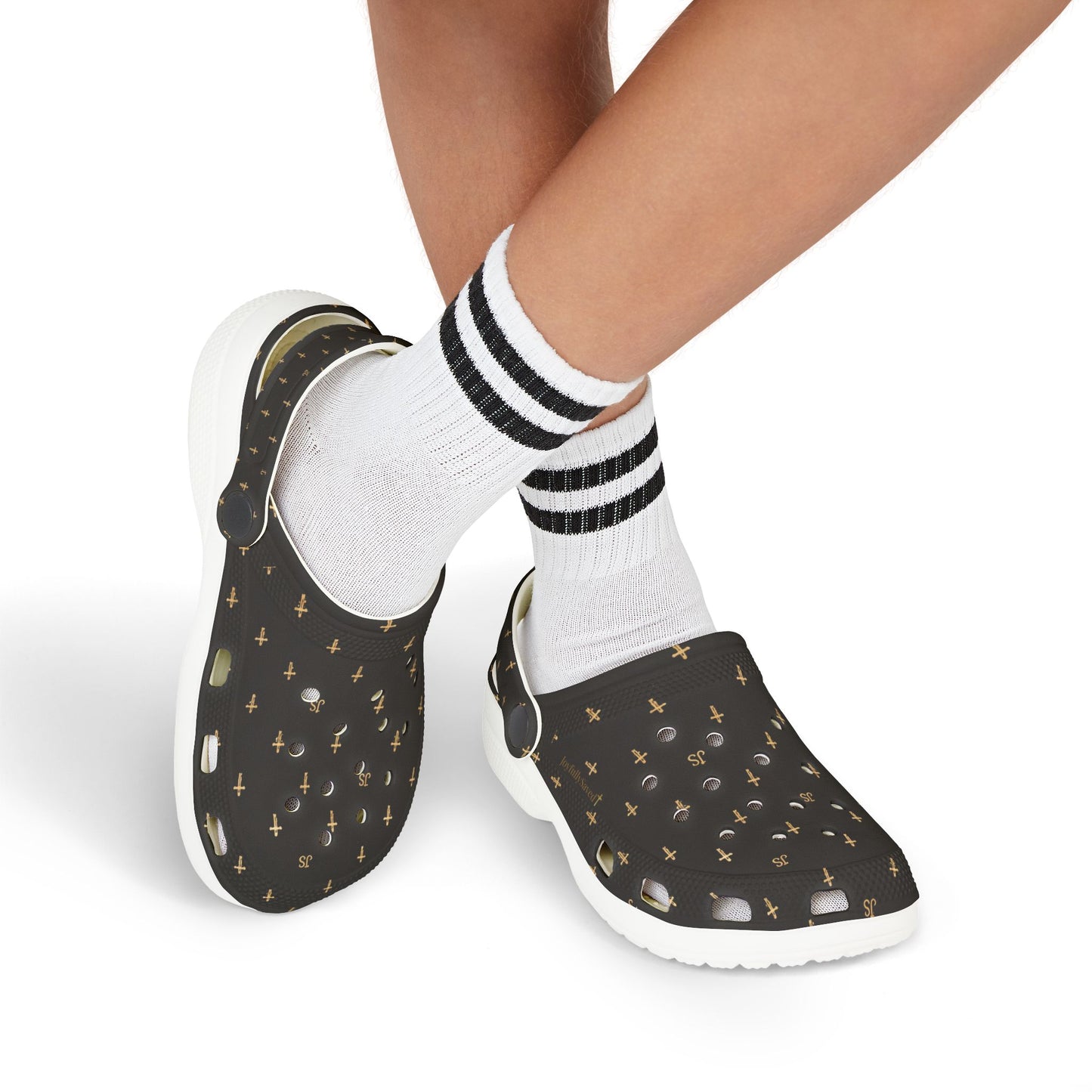 Kids EVA Foam Clogs  with Charms— Black Cross Pattern Christian Slip-Ons