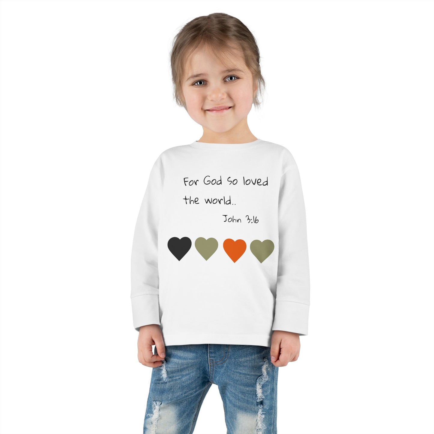 Toddler Long Sleeve Tee - "For God So Loved the World" Heart Bible Verse Shirt