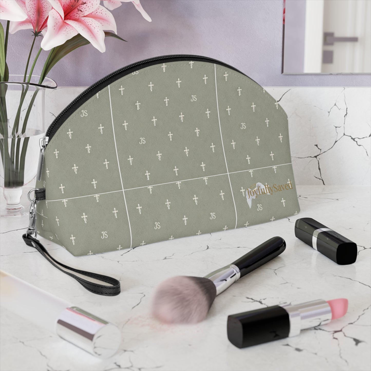 Gold Cross Pattern Makeup Bag — "Joyfully Saved" SageCosmetic Pouch