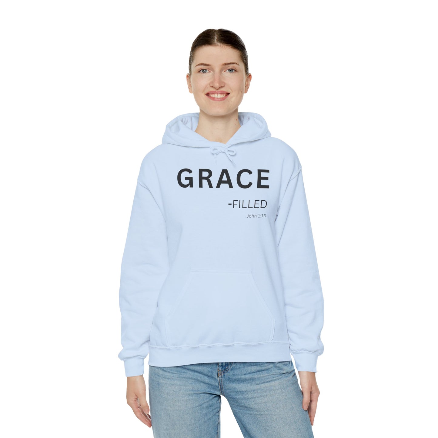 GRACE-filled Hoodie Black Text — Minimal Christian Faith Pullover, John 1:16