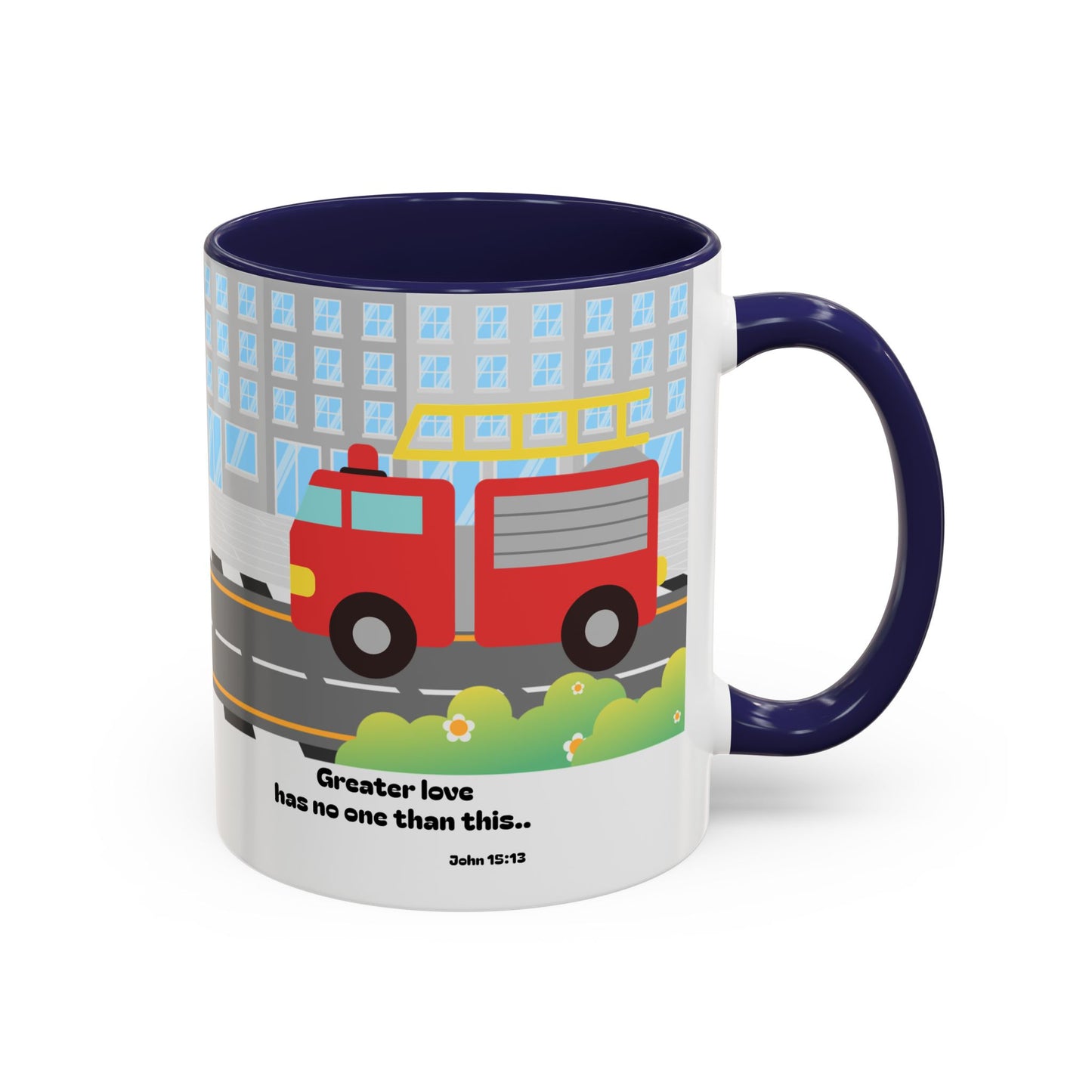 Fire Truck Coffee Mug — "Greater love has no one than this" Scripture Mug (11/15 oz)