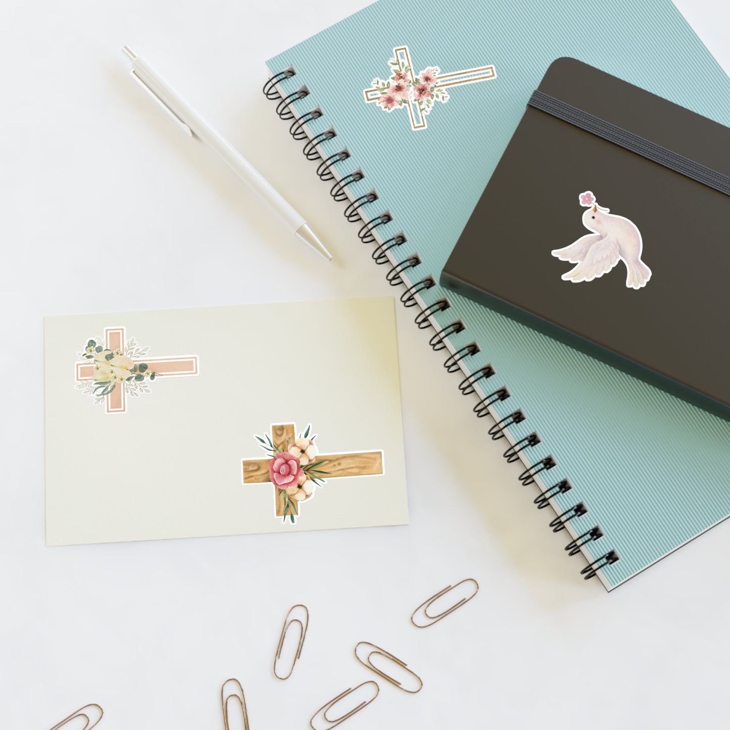 Christian Cross & Dove Floral Sticker Sheet — 4 Religious Faith Stickers