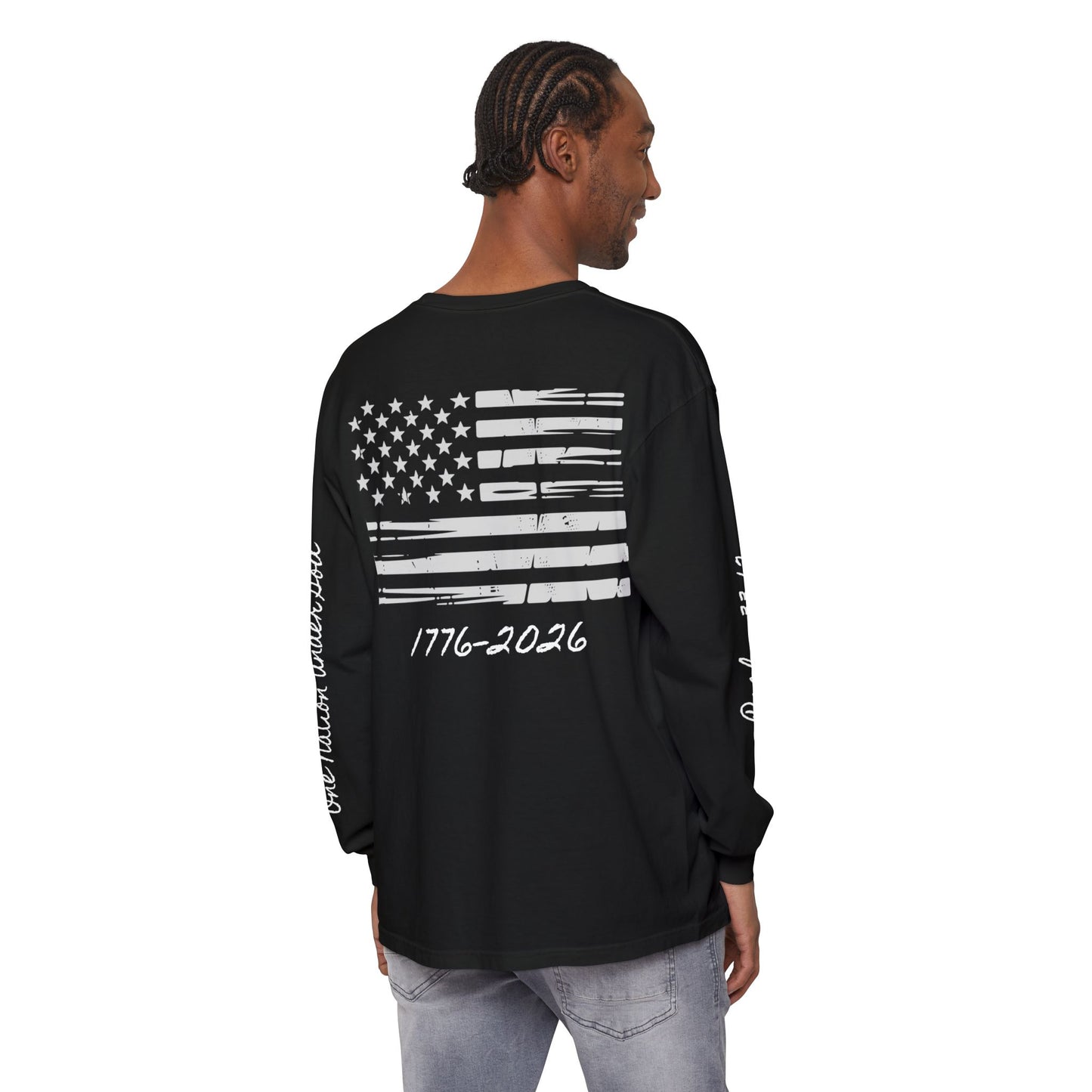 Christian Patriotic Long Sleeve Tee — "One Nation Under God" & Psalm 33:12 — USA 250 Anniversary