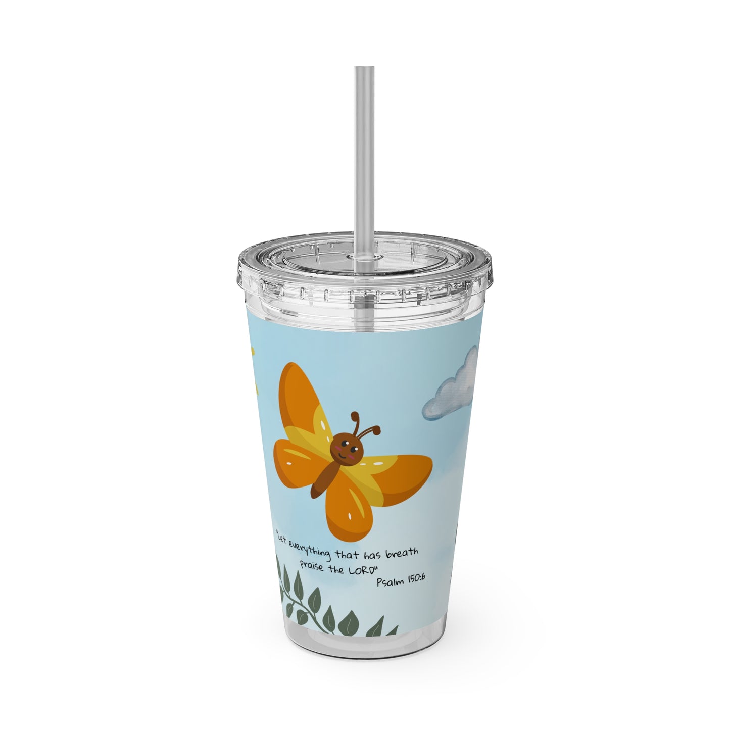 Butterfly & Sun 16oz Tumbler with Straw — 'Let everything that has breath' Psalm 150:6