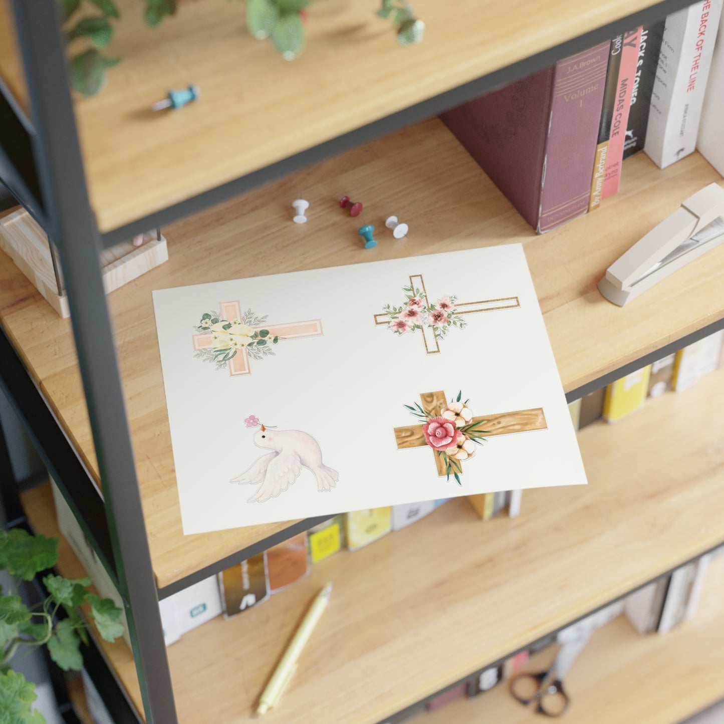 Christian Cross & Dove Floral Sticker Sheet — 4 Religious Faith Stickers