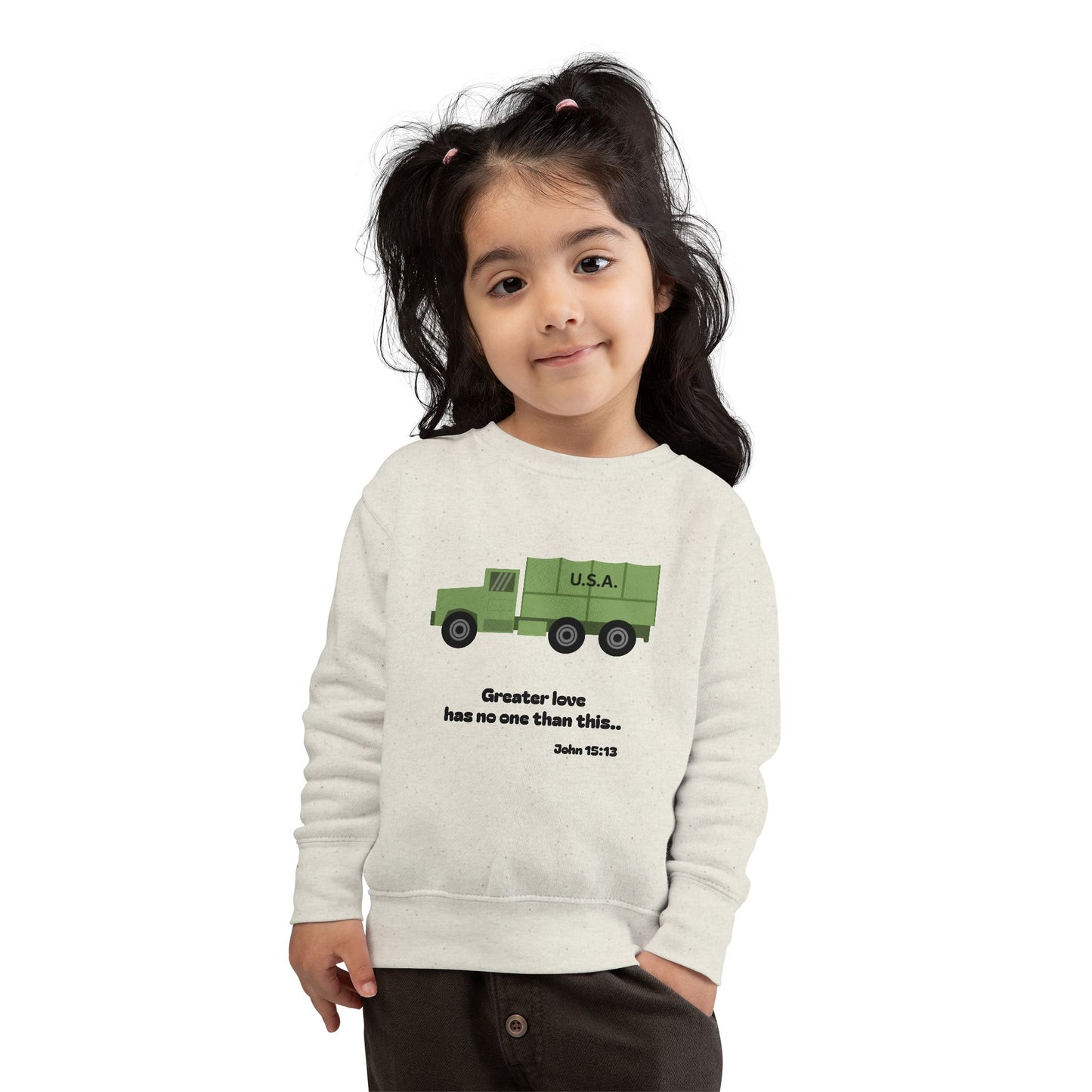 Christian Toddler Sweatshirt • Military Truck  Kids Pullover (John 15:13)