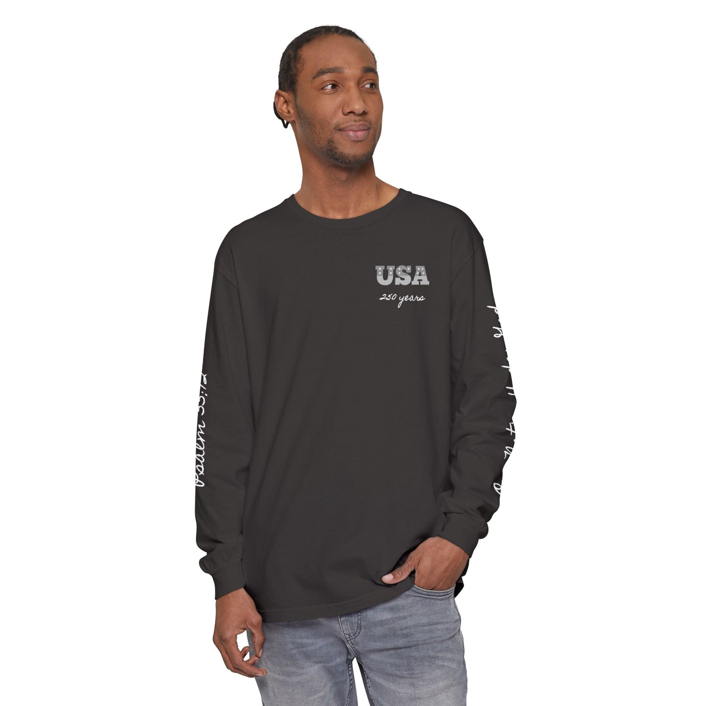 Christian Patriotic Long Sleeve Tee — "One Nation Under God" & Psalm 33:12 — USA 250 Anniversary