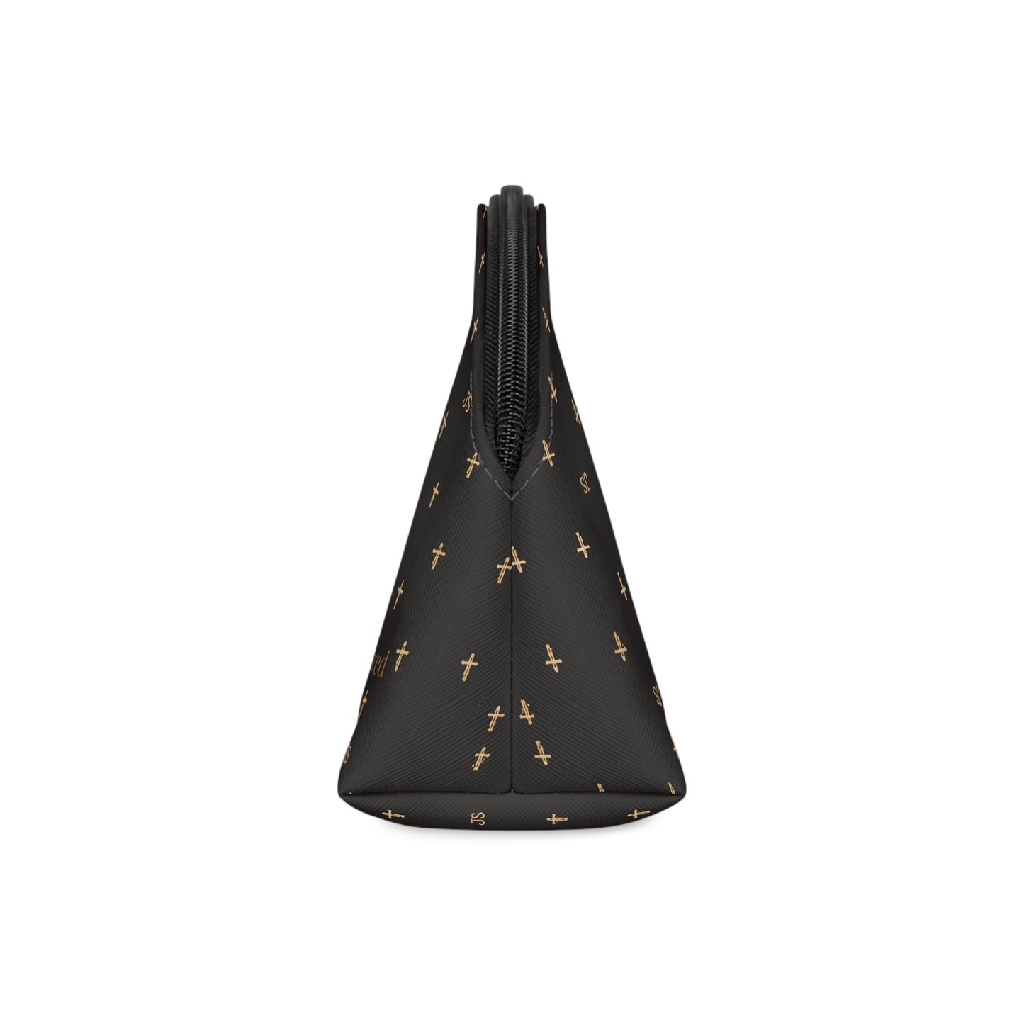 Gold Cross Pattern Makeup Bag — "Joyfully Saved" Black Cosmetic Pouch