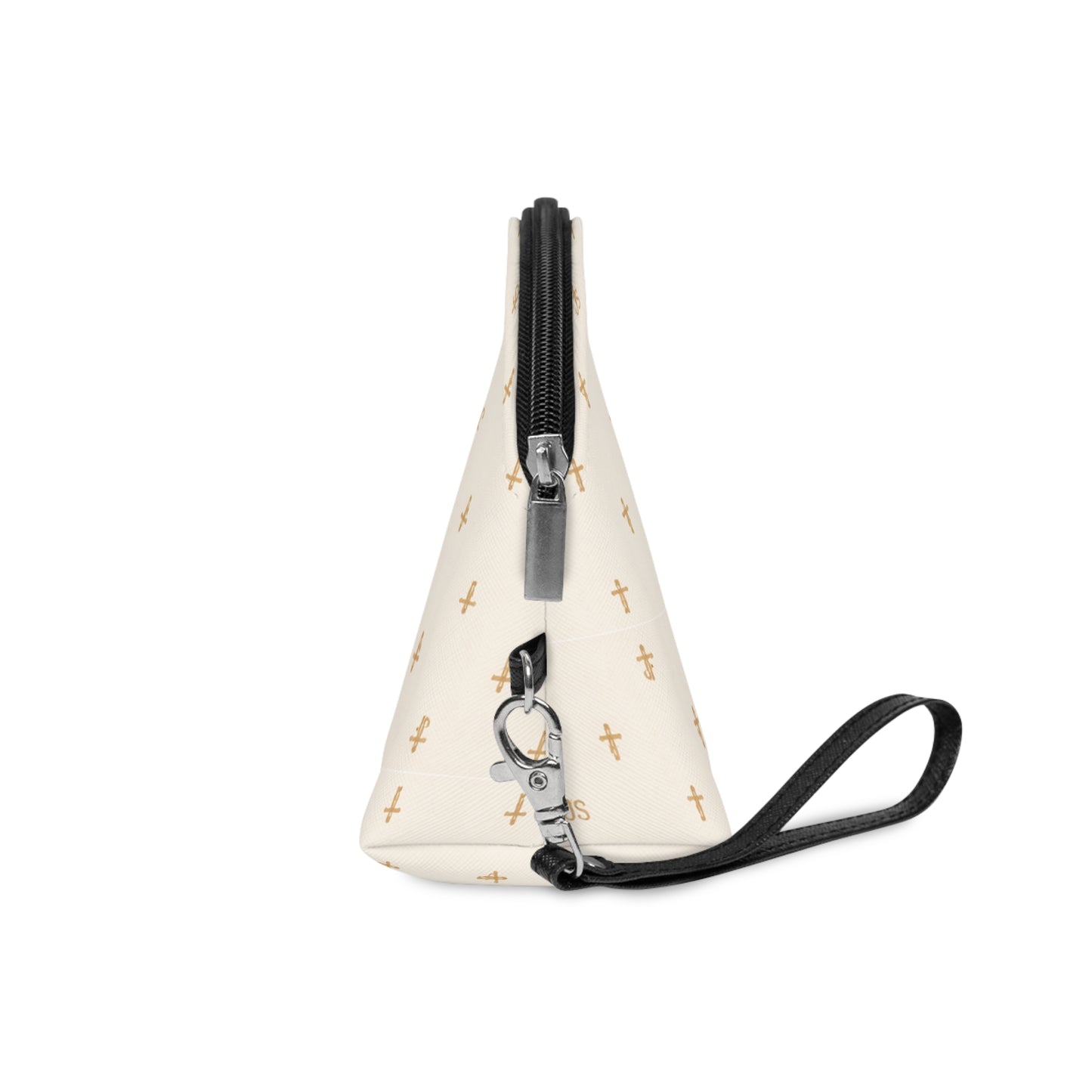 Gold Cross Pattern Makeup Bag — "Joyfully Saved" Cream Cosmetic Pouch