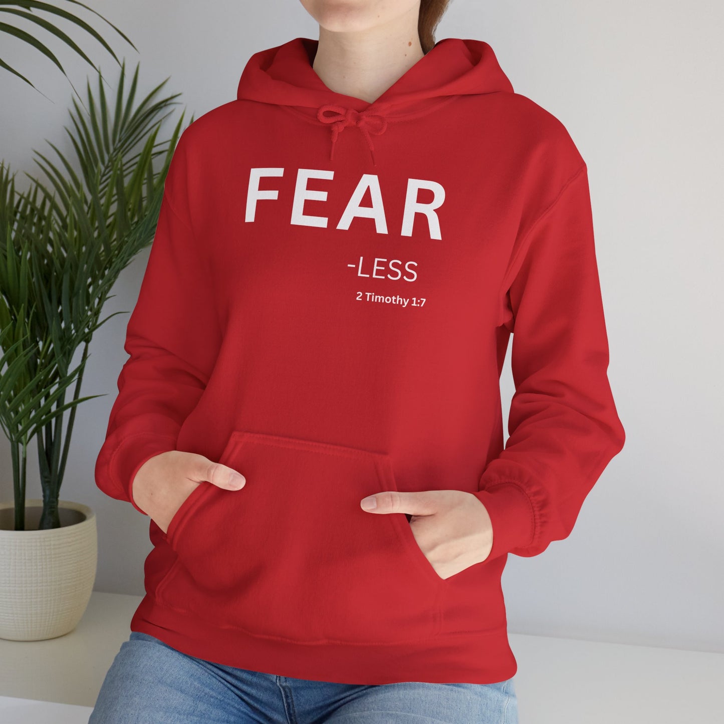 FEAR-less Hoodie White Text — Minimal Christian Faith Pullover, 2 Timothy 1:7