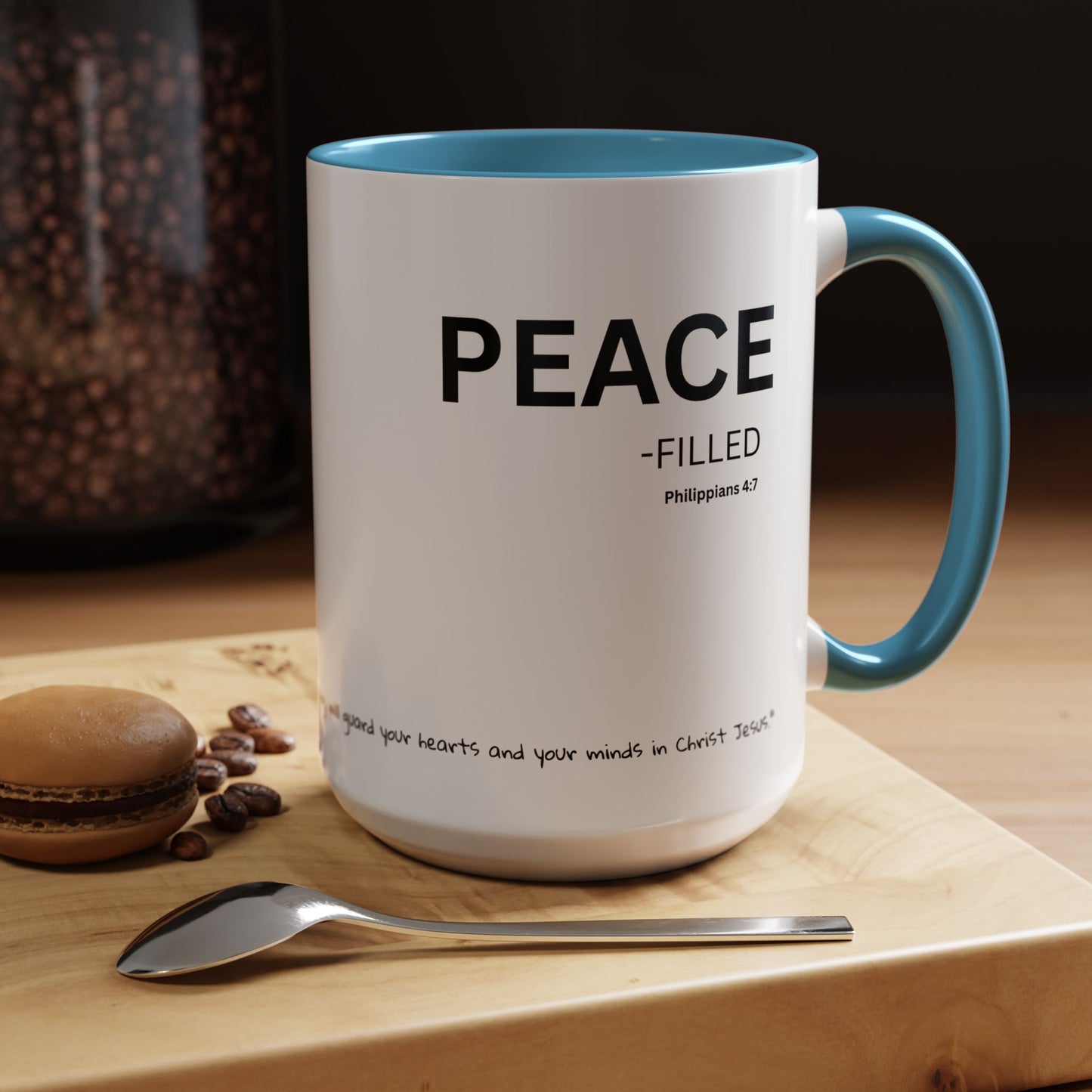 PEACE-filled Scripture Coffee Mug  Psalm 16: 11— 15 oz with Scripture Around Base (Accent, Colorful)