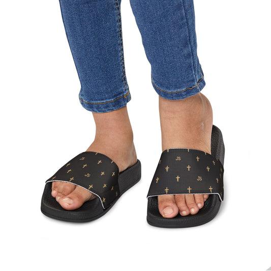 Christian Cross Slides — Youth Removable-Strap Sandals with Black Cross Pattern