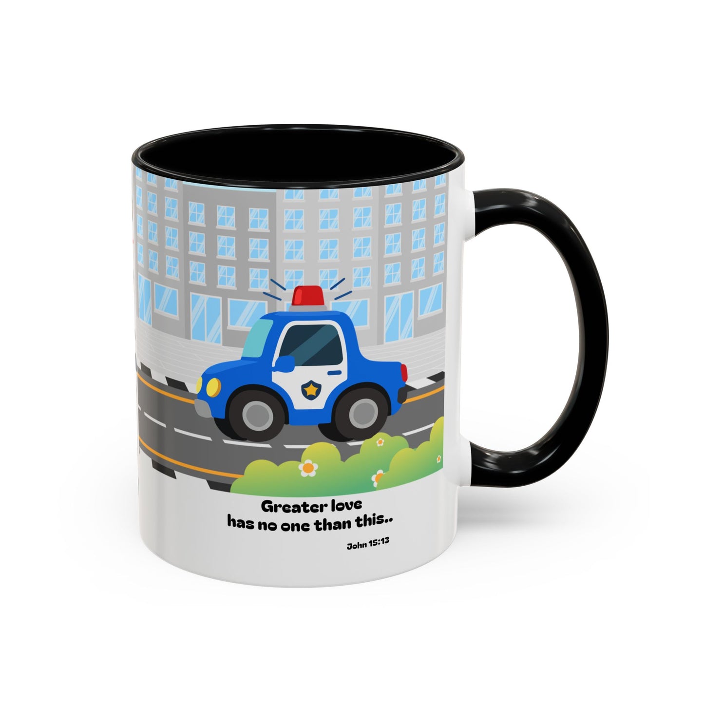 Police Car Coffee Mug — "Greater love has no one than this" Scripture Mug (11/15 oz)