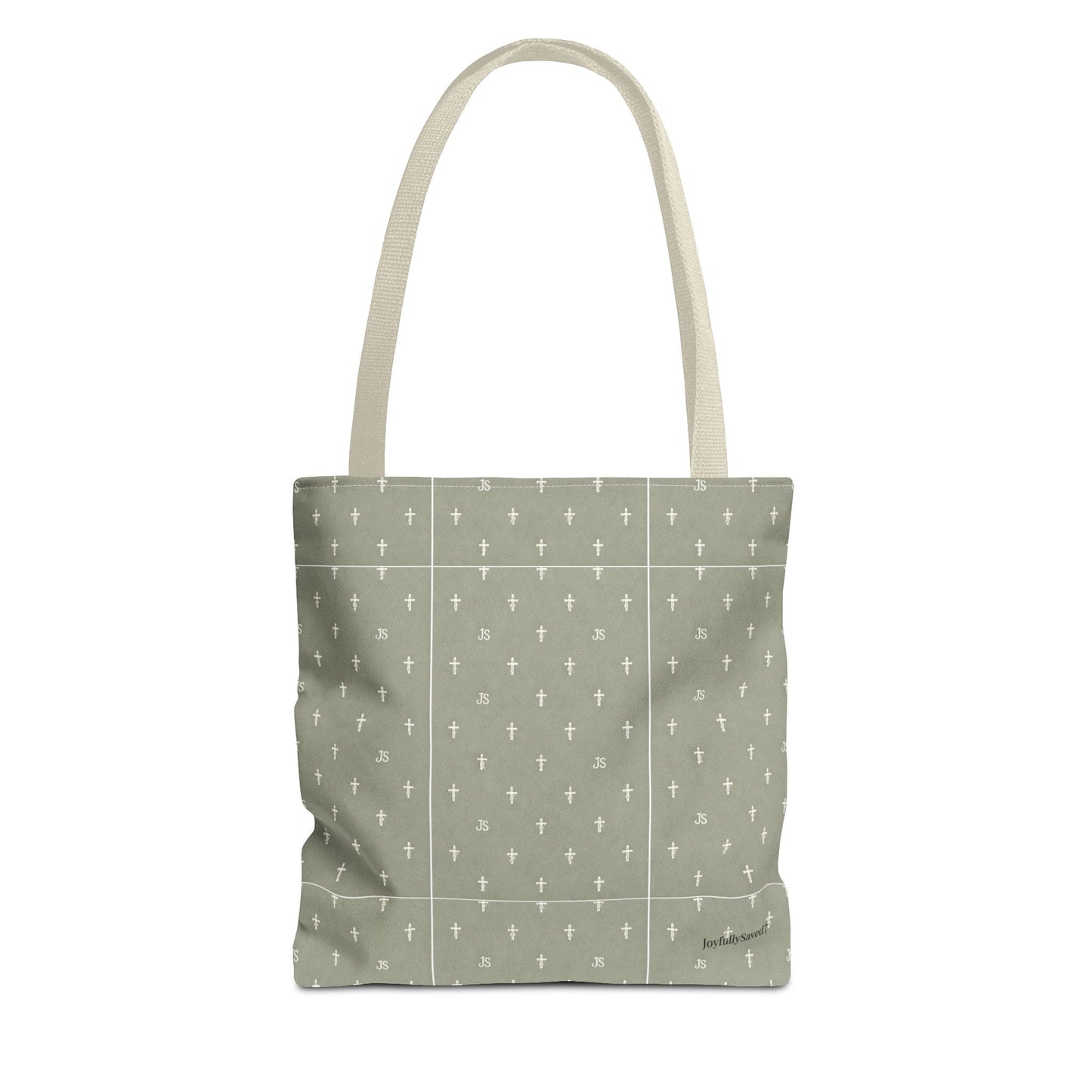Cross Pattern Tote Bag — Sage Green AOP Canvas Tote, Christian