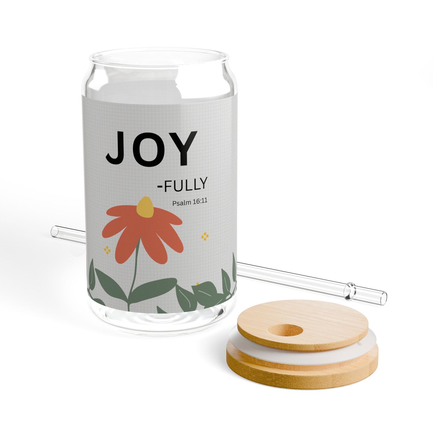 JOY-fully Glass Can (16oz) — Psalm 16:11 Floral Straw Tumbler | Christian Gift