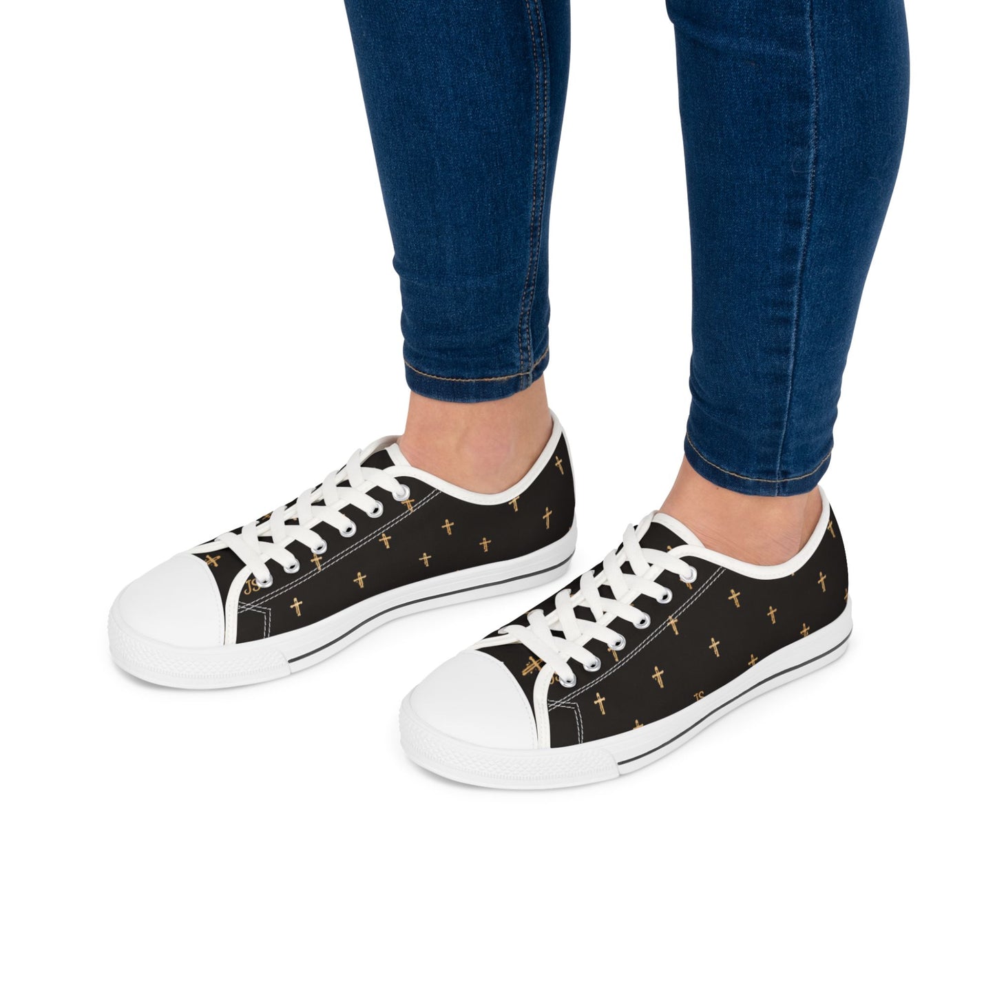 Joyfully Saved Cross Pattern Women's Low Top Sneakers — Black, 'Wear Your Faith'