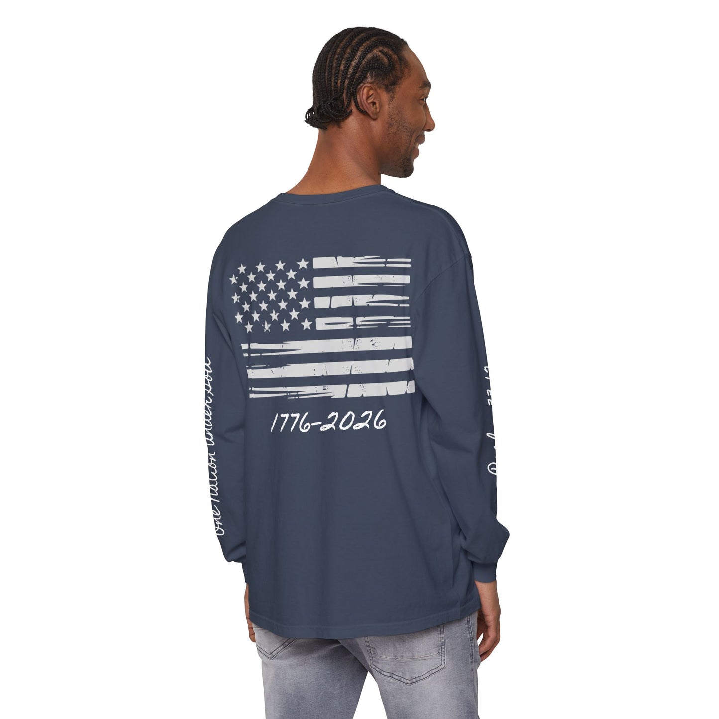 Christian Patriotic Long Sleeve Tee — "One Nation Under God" & Psalm 33:12 — USA 250 Anniversary