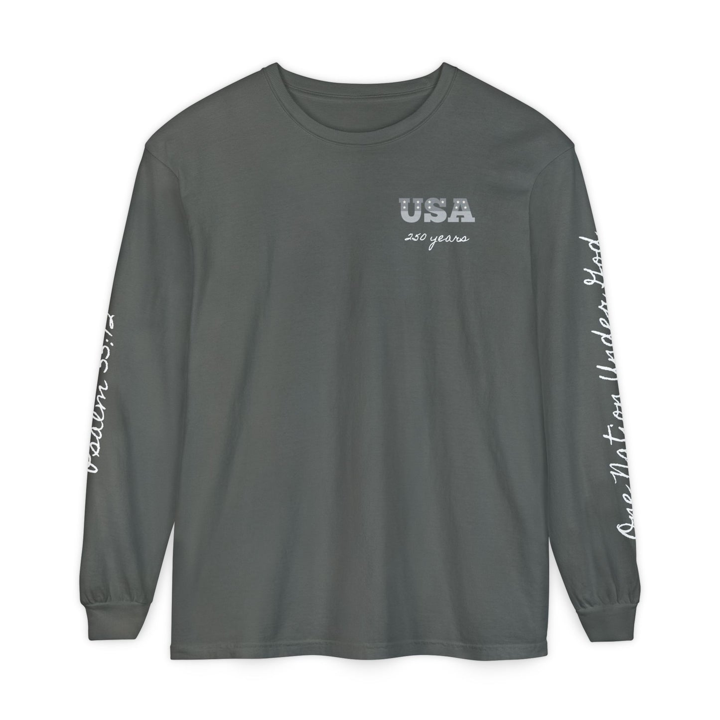 Christian Patriotic Long Sleeve Tee — "One Nation Under God" & Psalm 33:12 — USA 250 Anniversary
